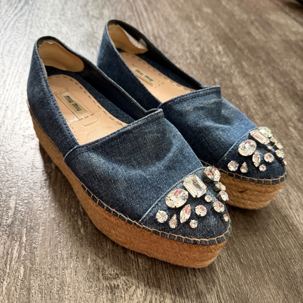 Miu Miu Denim Espadrille Flats Jewel Platform Wedge Shoes EU 37.5 / US 7.5